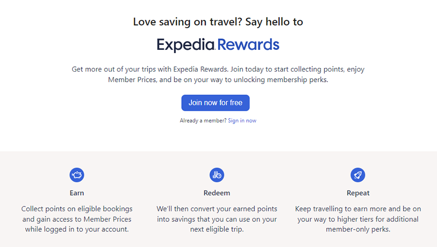 Screenshot of Expedia Rewards page